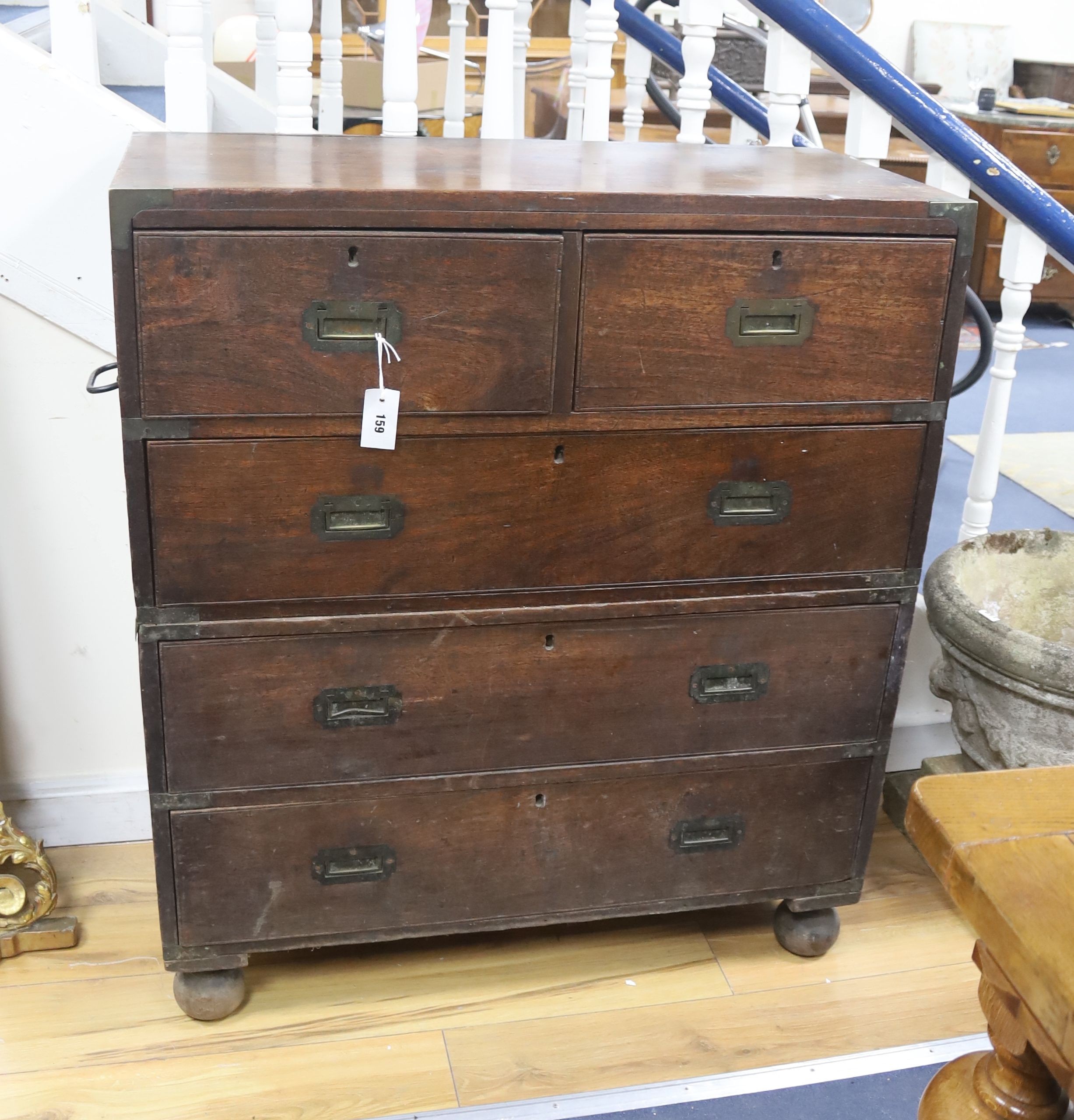 A mid 19th century Indian rosewood brass mounted two part military chest, width 91cm, depth 43cm, height 104cm